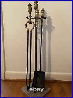 Antique Large Brass & Iron Fireplace Tool Set (Shovel, Poker, Tongs) Marble Base