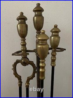 Antique Large Brass & Iron Fireplace Tool Set (Shovel, Poker, Tongs) Marble Base