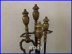 Antique Large Brass & Iron Fireplace Tool Set (Shovel, Poker, Tongs) Marble Base