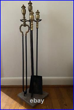 Antique Large Brass & Iron Fireplace Tool Set (Shovel, Poker, Tongs) Marble Base