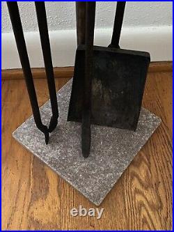 Antique Large Brass & Iron Fireplace Tool Set (Shovel, Poker, Tongs) Marble Base