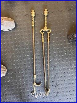 Antique Large Brass & Iron Fireplace Tool Set (Shovel, Poker, Tongs) Marble Base