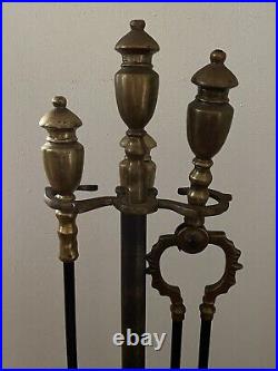 Antique Large Brass & Iron Fireplace Tool Set (Shovel, Poker, Tongs) Marble Base