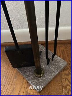 Antique Large Brass & Iron Fireplace Tool Set (Shovel, Poker, Tongs) Marble Base