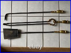 Antique Large Brass & Iron Fireplace Tool Set (Shovel, Poker, Tongs) Marble Base