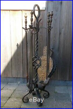 Antique Large Old Handmade Wrought Iron & Bronze Fireplace Complete Tool Set