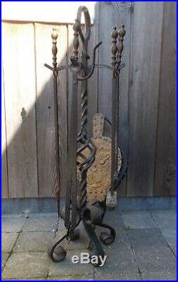 Antique Large Old Handmade Wrought Iron & Bronze Fireplace Complete Tool Set