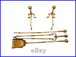 Antique Large Solid Brass Fireplace Tools Set with Stand