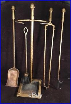Antique Lodge, Mission Arts Craft Hammered Brass Fireplace Tool Set24 C. B H NJ