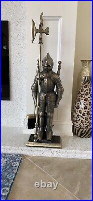 Antique Medieval Knight Sculpture Fireplace Tool Set Chimney Poker Shovel Brush