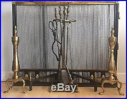 Antique NORWICH NY Solid Brass/Iron Fireplace Screen withAndirons And Tools Set