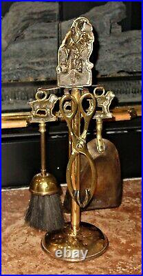 Antique Original European Complete Fireplace Brass Tools Set Spaniel Motif