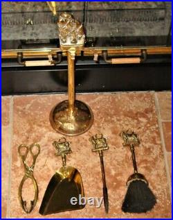 Antique Original European Complete Fireplace Brass Tools Set Spaniel Motif