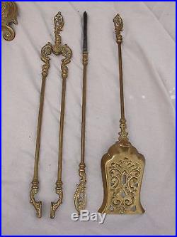Antique Ornate Brass Figural Fireplace Hearth Tools Set French Style of Louis XV