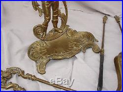 Antique Ornate Brass Figural Fireplace Hearth Tools Set French Style of Louis XV