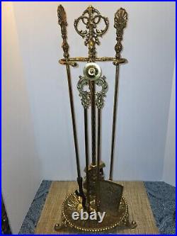 Antique Ornate Brass Fire Tool Set With Scalloped Bottom Stand