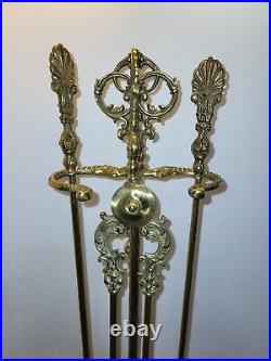 Antique Ornate Brass Fire Tool Set With Scalloped Bottom Stand