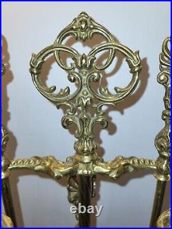 Antique Ornate Brass Fire Tool Set With Scalloped Bottom Stand