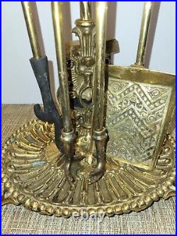 Antique Ornate Brass Fire Tool Set With Scalloped Bottom Stand