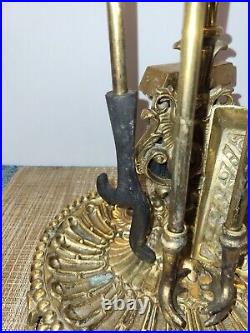 Antique Ornate Brass Fire Tool Set With Scalloped Bottom Stand