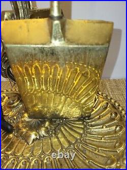 Antique Ornate Brass Fire Tool Set With Scalloped Bottom Stand