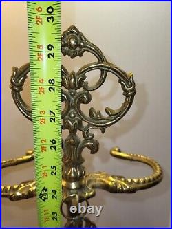 Antique Ornate Brass Fire Tool Set With Scalloped Bottom Stand