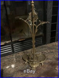 Antique Ornate Brass & Metal Fireplace Tools Set 2 Piece With Stand French Decor