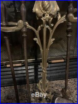 Antique Ornate Solid Brass Fireplace Tools Set 2 Piece With Stand French Decor