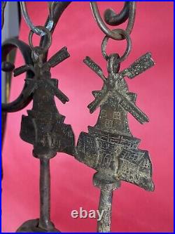 Antique Oscar Bach Windmill Fireplace Tools Brass 46 Complete