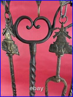 Antique Oscar Bach Windmill Fireplace Tools Brass 46 Complete