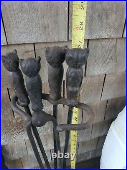 Antique Owl Andirons with Set of Fireplace Tools