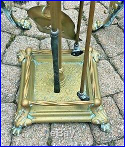 Antique Pair Claw Foot Brass Andirons Fire Dogs & Fireplace Tool Set With Holder