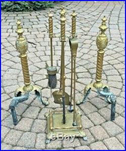 Antique Pair Claw Foot Brass Andirons Fire Dogs & Fireplace Tool Set With Holder