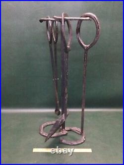Antique Primitive 4 Pcs Iron Fireplace Tool Set & Stand Handmade with Horse Shoes
