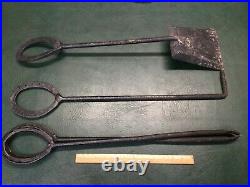 Antique Primitive 4 Pcs Iron Fireplace Tool Set & Stand Handmade with Horse Shoes