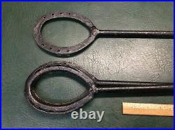 Antique Primitive 4 Pcs Iron Fireplace Tool Set & Stand Handmade with Horse Shoes