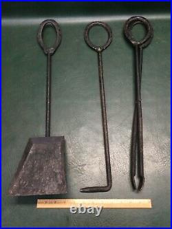 Antique Primitive 4 Pcs Iron Fireplace Tool Set & Stand Handmade with Horse Shoes