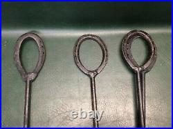 Antique Primitive 4 Pcs Iron Fireplace Tool Set & Stand Handmade with Horse Shoes