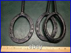 Antique Primitive 4 Pcs Iron Fireplace Tool Set & Stand Handmade with Horse Shoes