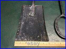 Antique Primitive 4 Pcs Iron Fireplace Tool Set & Stand Handmade with Horse Shoes