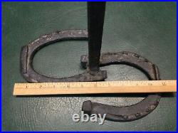 Antique Primitive 4 Pcs Iron Fireplace Tool Set & Stand Handmade with Horse Shoes