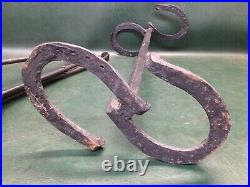 Antique Primitive 4 Pcs Iron Fireplace Tool Set & Stand Handmade with Horse Shoes