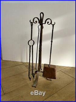 Antique Set Fireplace Tools Hand Hammered with Stand Hearth Home 1930s