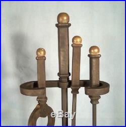Antique Set Of Arts+crafts Mission Iron+brass Fireplace Tools With Stand