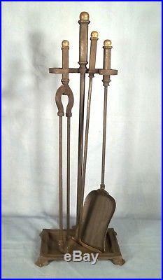 Antique Set Of Arts+crafts Mission Iron+brass Fireplace Tools With Stand