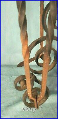 Antique Set Of Hand Forged Spiral Twisted Wrought Iron Fireplace Tools And Stand