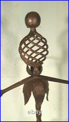 Antique Set Of Hand Forged Spiral Twisted Wrought Iron Fireplace Tools And Stand