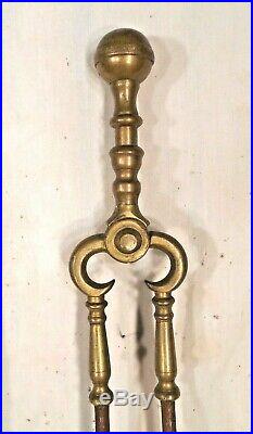 Antique Set Of Period Early American Brass Ball Top Fireplace Tools