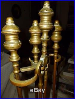 Antique Solid Brass Fireplace Poker Set Heavy Ornate 3 Tools and Stand