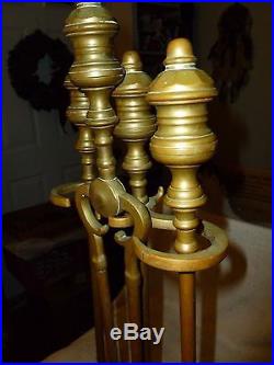 Antique Solid Brass Fireplace Poker Set Heavy Ornate 3 Tools and Stand